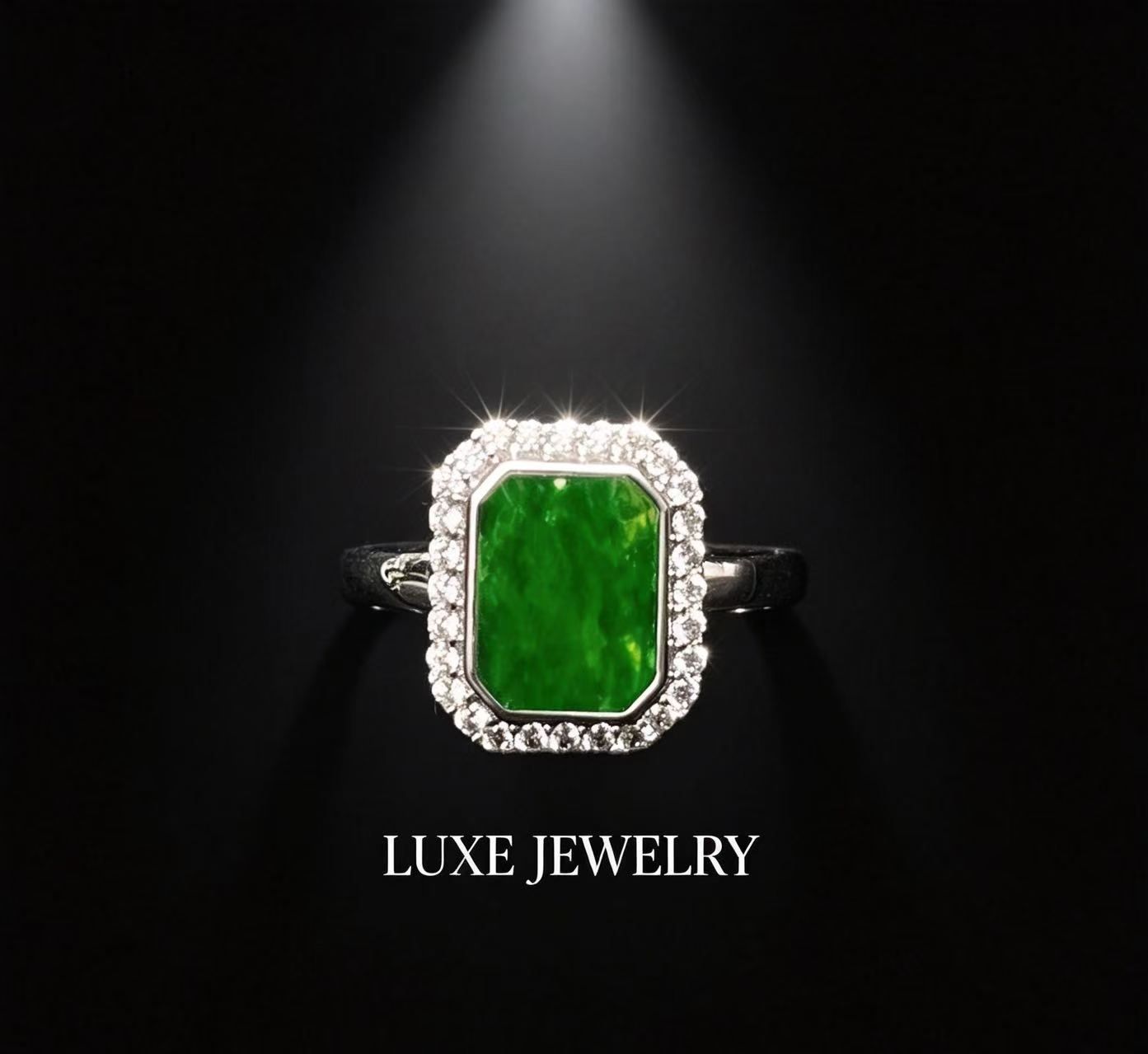 Natural Grade A jadeite Burmese S925 silver square ring (diversity number one)