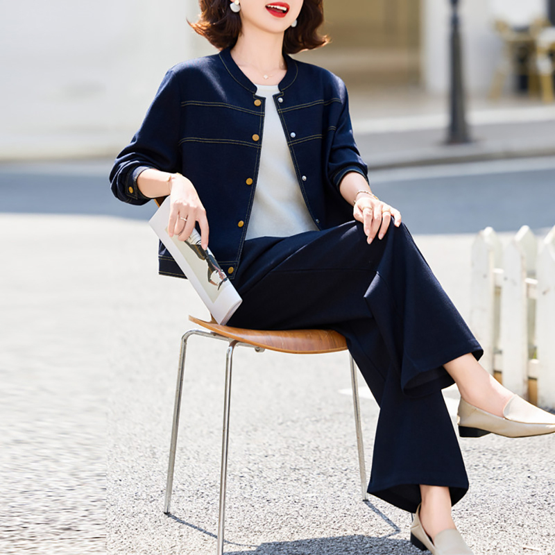 Ormior Mom's Autumn Denim Casual Set for Middle-Aged and Elderly Women, Chic Comfortable Jacket and Wide-Leg Pants Two-Piece Set