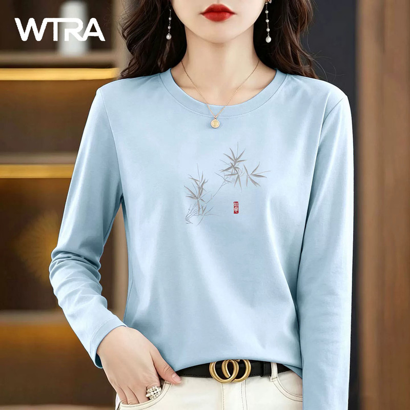 Wtra Pure Cotton Regular Shoulder Long-Sleeve T-Shirt for Women, Chinese Style, Age-Reducing, Versatile Gray-Blue Base Shirt, Autumn 2026 Top