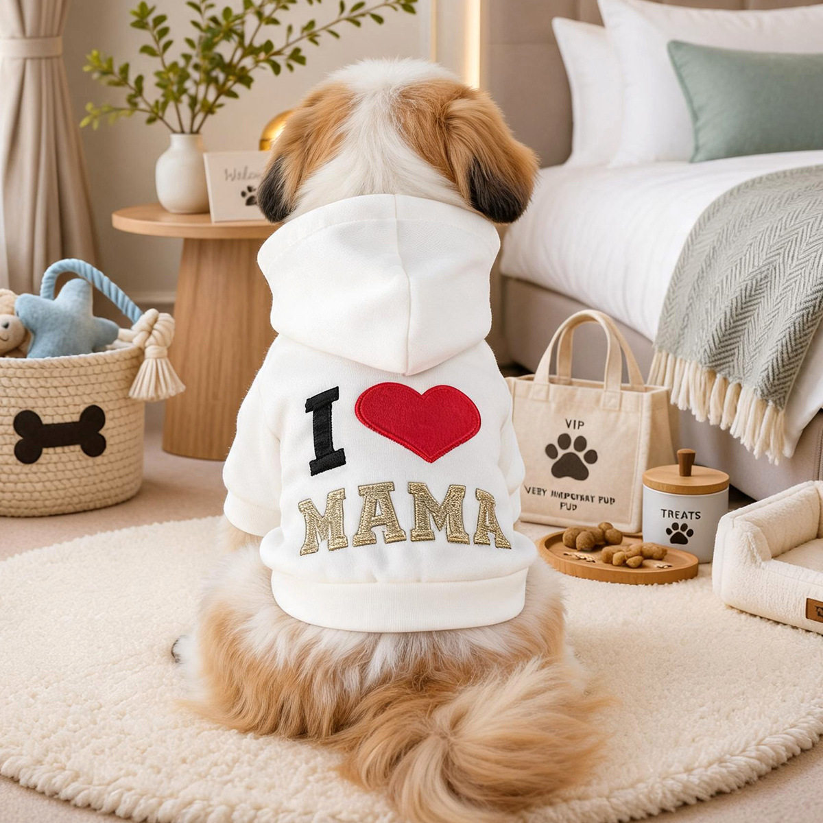 PETCIRCLE宠物衣服春秋小型犬幼犬萌宠带帽防寒绣花我爱妈妈卫衣