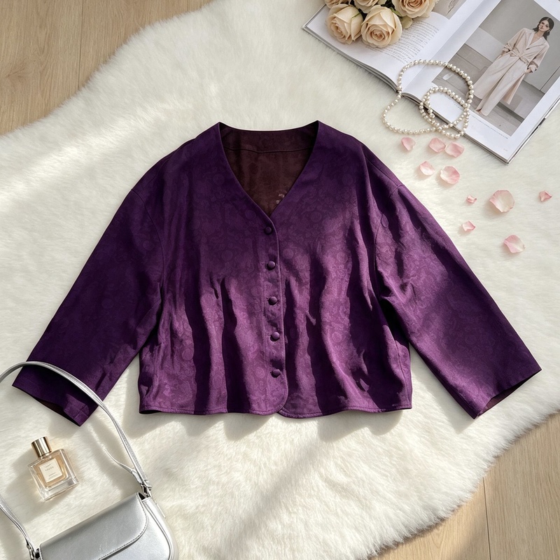 Full-Grade Mulberry Silk Purple Four-Thread Twill V-Neck Cardigan