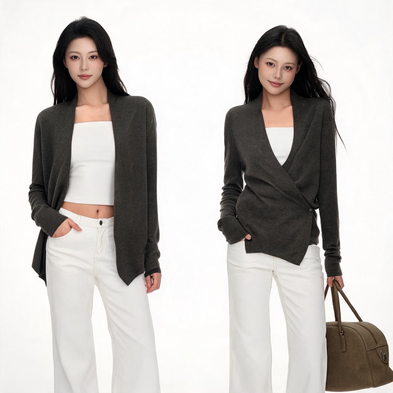 Autumn and Winter Anna Aneae Wrap-Style Buttoned Knit Cardigan Early Autumn Versatile Loose and Lazy Top