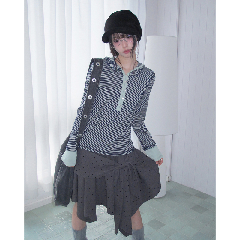 Eupu Leftover Stock Korean Style Striped Color-Block Hooded Long-Sleeve Sweatshirt for Women, Autumn Casual Loose Knit Top