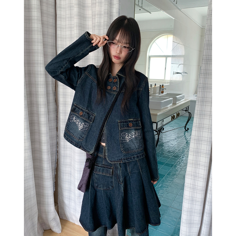 Eupu Scrap Material Vintage Washed Design Musical Note Embroidery Pocket Denim Jacket Women's Autumn Slim Fit Top