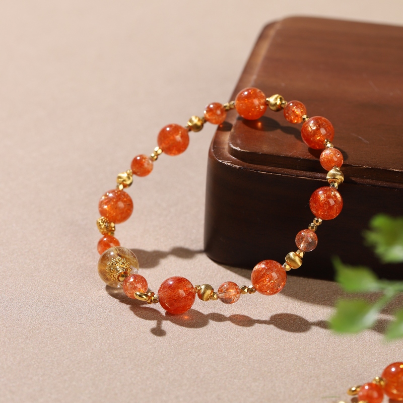 【Mao Mao】Natural Brazilian Crystal Bracelet for Women, Golden Sun Blue Needle Stone DIY Gemstone Crystal Single Circle