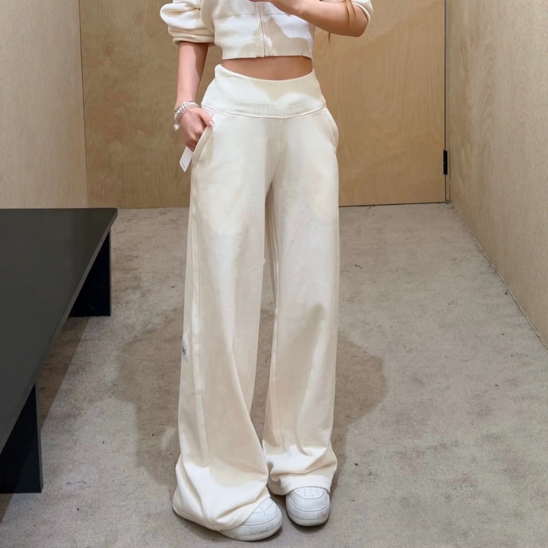 Aio Autumn and Winter New Style Fleece-Lined Yoga Casual Pants for Women, Patchwork Knit Waist, Sporty, Relaxed Drape, Straight Wide-Leg Pants