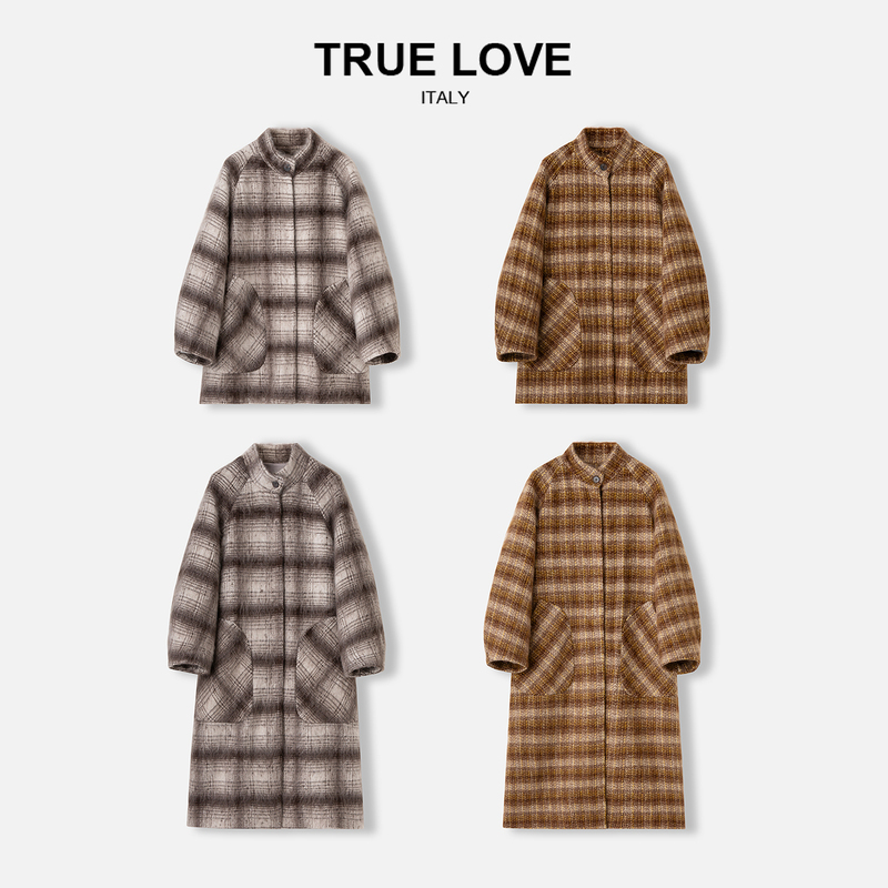 【True Love】Cashmere, Mulberry Silk, Wool Brushed Plaid Silhouette Long Coat Td3C9252512Y