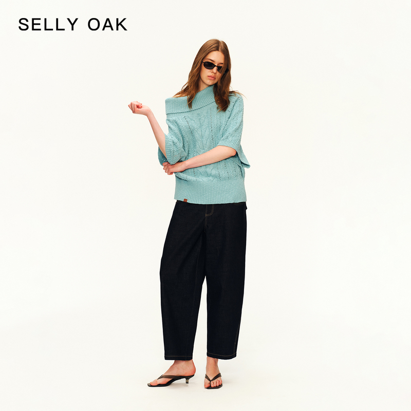 Selly Oak 100% Cotton Slanted Shoulder Lapel Knit Top with Hollow-Out Twist Texture Sweater Selly Oak 100% Cotton Slanted Shoulder Lapel Knit Top with Hollow-Out Twist Texture Sweater