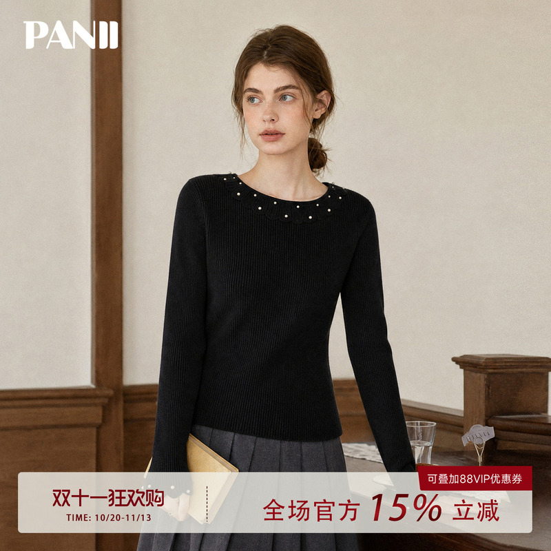 Panii "Pearl Black Series" Ruffled Pearl Round-Neck Knit Sweater for Women, Slim Fit, Flattering, Suitable for Commuting, Base Layer Top Panii "Pearl Black Series" Ruffled Pearl Round-Neck Knit Sweater for Women, Slim Fit, Flattering, Suitable for Commuting, Base Layer Top