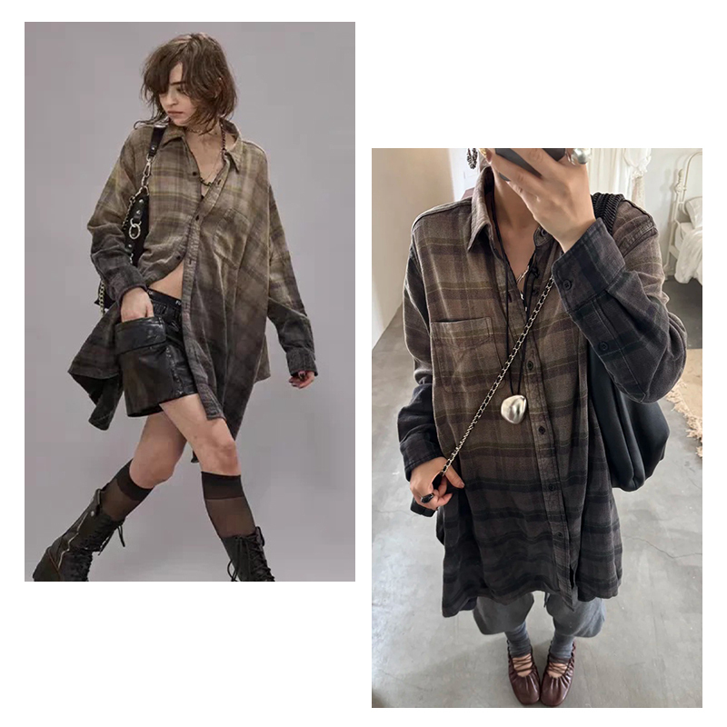 I Fell in Love at First Sight. Shao Yin's Same Style @13 Pure Cotton Plaid Tie-Dye Gradient Irregular Shirt Dress Loose Jacket