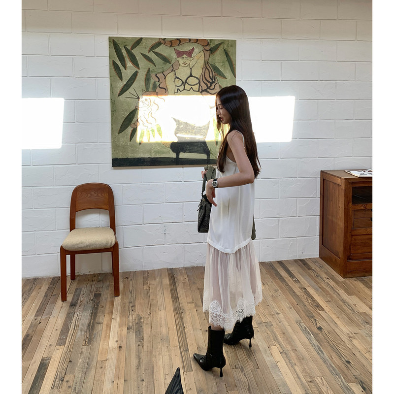 Cuicuiisee White Lily of the Valley Mesh Lace Patchwork White Spaghetti Strap Dress