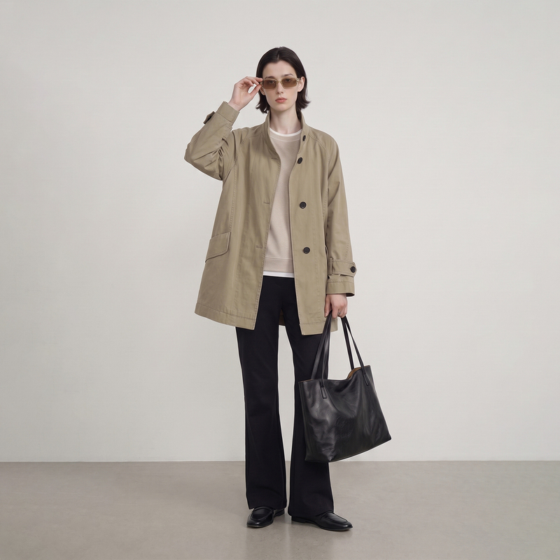 L·P "Enzyme Washed Windbreaker" Commuter Style Heavy-Duty Stand Collar Enzyme Washed Cotton High-End Mid-Length Oversized Windbreaker for Women L·P "Enzyme Washed Windbreaker" Commuter Style Heavy-Duty Stand Collar Enzyme Washed Cotton High-End Mid-Length Oversized Windbreaker for Women