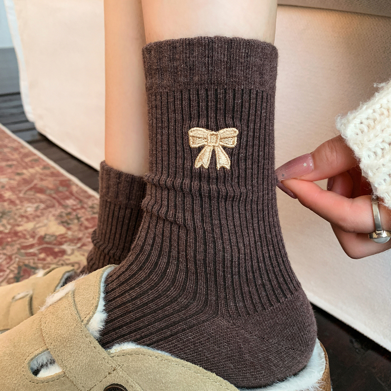 Brown Melard Socks for Women, Autumn and Winter Mid-Calf Socks, Long Cotton Socks, Brown Bow-Knot Slouch Socks to Pair with Birkenstock Shoes