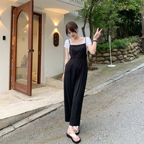 Korean black suspender jumpsuit womens 2021 summer new high waist loose hanging suit strap wide leg pants tide