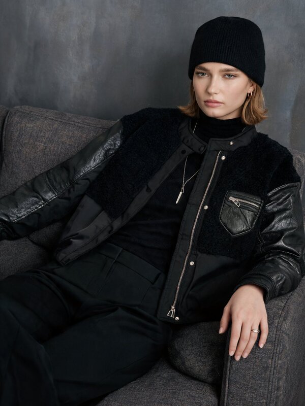 [Exclusive to Sisi] 90% Goose down Stand Collar Long-Sleeve Black Patchwork Cool Biker-Style Jacket C52011