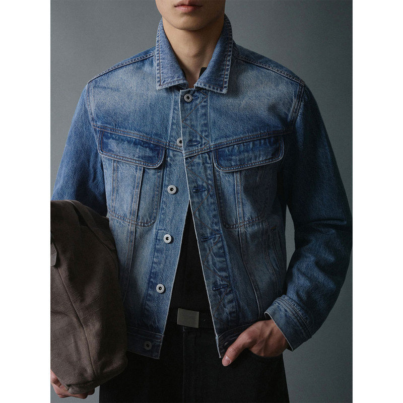 Kansue / Italian Candiani Classic Retro Fitted Washed Blue Denim Jacket Kansue / Italian Candiani Classic Retro Fitted Washed Blue Denim Jacket