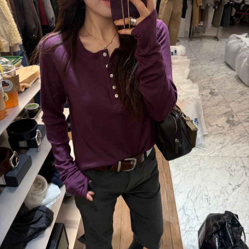 Trema 101326 "Charming Model" 100% Cotton Half-Buttoned Henley Collar Long-Sleeve T-Shirt Oasis Korean Import