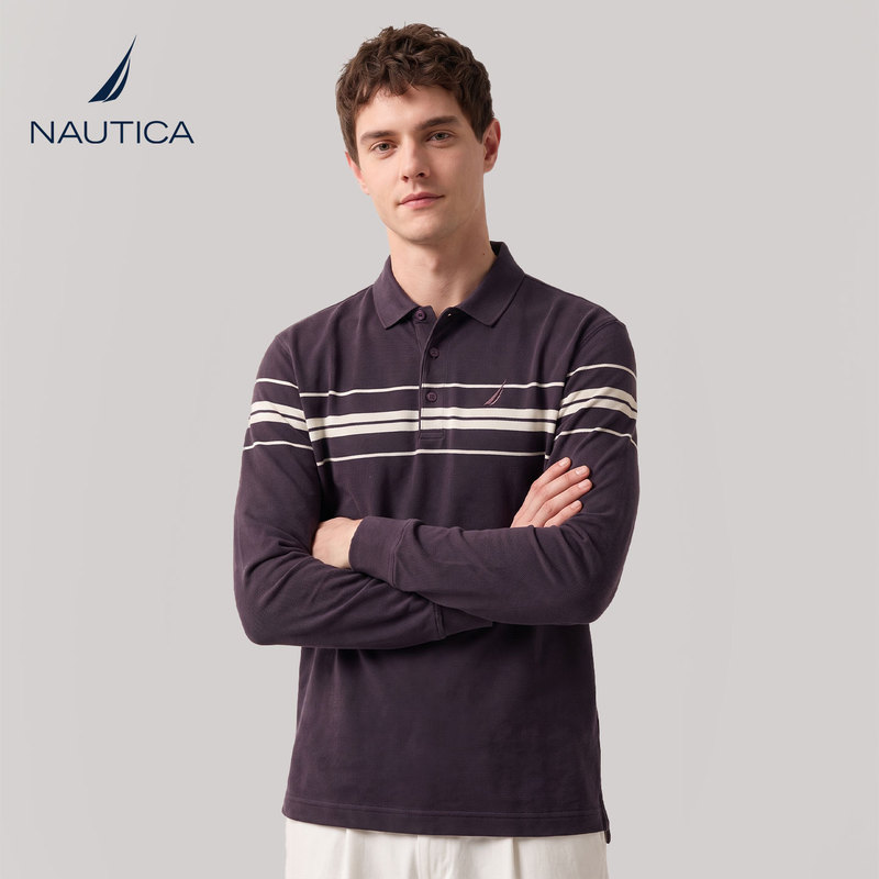 Nautica Men's Long-Sleeved Polo Shirt 2026 New Autumn Casual T-Shirt Stripesd Lapel Top