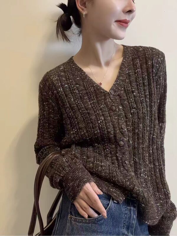 Heavy-Duty Colored Yarn Covered Button Ribbed Cardigan in Old Money Style with a Relaxed V-Neck ~ No Extra Fee! C15 10.22 Heavy-Duty Colored Yarn Covered Button Ribbed Cardigan in Old Money Style with a Relaxed V-Neck ~ No Extra Fee! C15 10.22