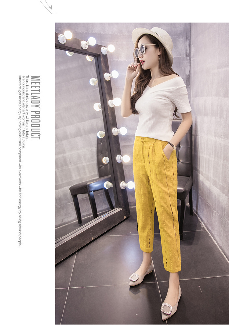 Hollow thêu bông và vải lanh chín quần phụ nữ cao eo là mỏng hoang dã quần âu thủy triều phần mỏng linen feet hậu cung quần mùa hè quần caro nữ