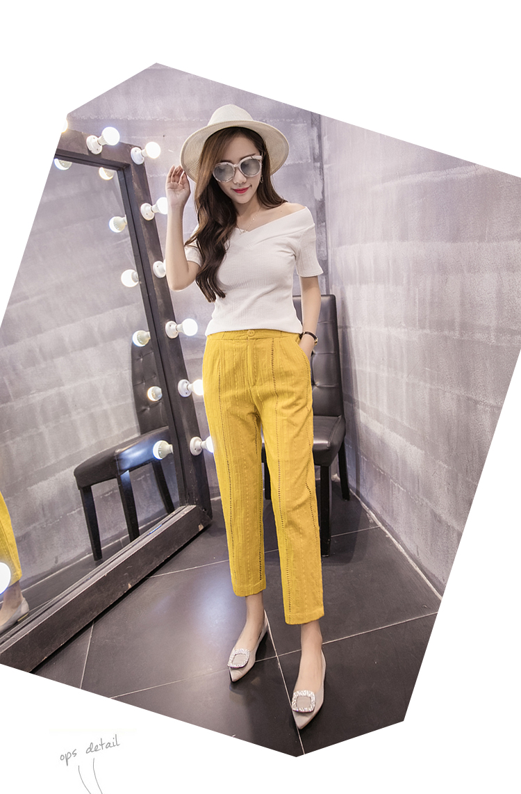 Hollow thêu bông và vải lanh chín quần phụ nữ cao eo là mỏng hoang dã quần âu thủy triều phần mỏng linen feet hậu cung quần mùa hè quần caro nữ