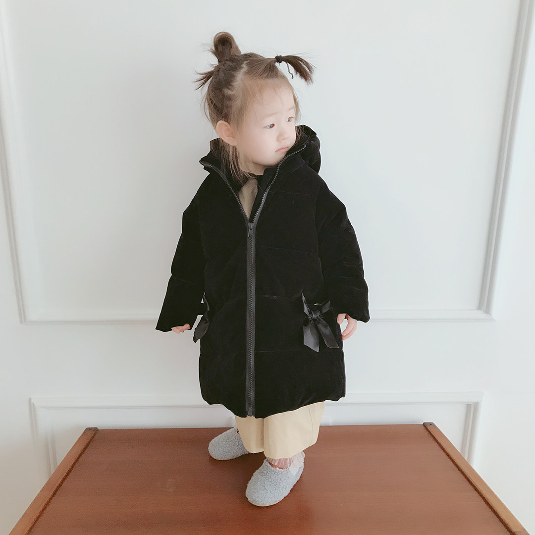 Original Children Clothing Black Tandem Hat Down Jacket Imakokoni Cute Thickening Medium Long Version Coat Girl Winter 0155
