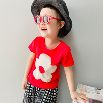 imakokoni original black round neckline flowers 100 lap short sleeves T-shirt blouses child clothes summer girls new 21649