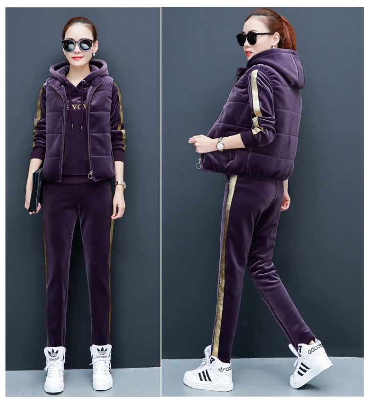 Brand-name gold velvet sports clover suit women's autumn and winter thickened three-piece fashion thick T-shirt double-sided velvet warm