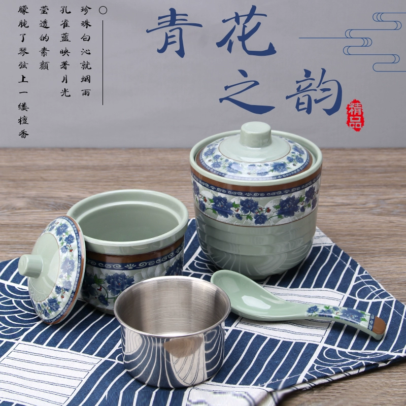 A5 Blue and Blue Melamine Soup Cup Thức ăn nhanh Thực tế Kung Fu Giả Bộ đồ ăn bằng sứ Tách Hấp Trứng Hầm Thức ăn nhanh Nhà hàng Soup Bát nhựa có nắp - Đồ ăn tối