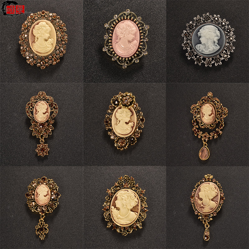 Vintage beauty head gem brooch European and American court fixed pin Personality fashion women's clothing jacket accessories jewelry