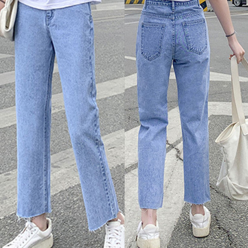 2022 new straight-leg nine-point jeans light blue women's spring and autumn large size non-stretch frayed jeans new 25