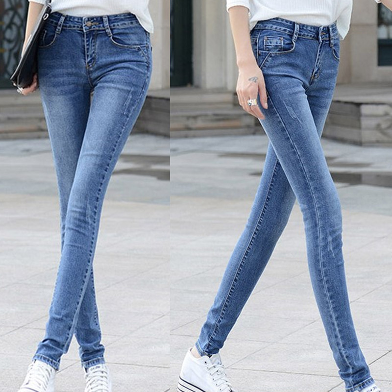 Women's Denim Cropped Pants, Stretchy Plus-Size Pants, Medium Blue, New Spring/Autumn Style, Slim-Fit Pencil Pants, Mid-Rise