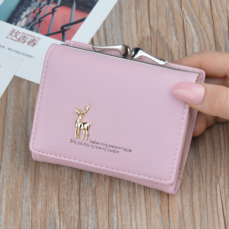 2019 new short wallet female Korean version student cute small fresh ins all-match solid color deer folding wallet