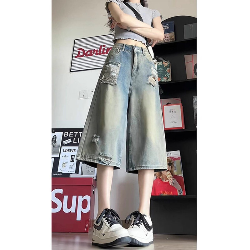 Plus-Size Women's Washed Ripped Denim Capri Pants, Summer Thin Loose Casual Knee-Length Pants