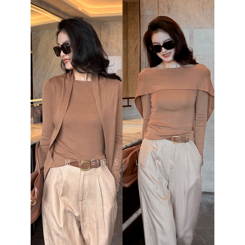 Linn【Luxury Layered Shirt】Two-Way Wear Slim Fit Atmospheric Top for Women, Simple Casual Slimming Knitted Top
