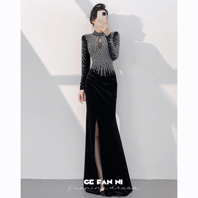 Black Evening Dress for Women 2026 New Style High-End Banquet Elegant Annual Meeting Host Slit Fishtail Winter Long Sleeve Black Evening Dress for Women 2026 New Style High-End Banquet Elegant Annual Meeting Host Slit Fishtail Winter Long Sleeve