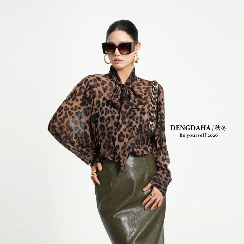 Dengdaha "Classic Leopard Print" New Autumn Leopard Print Elegant French-Style Shirt Top Tc1412