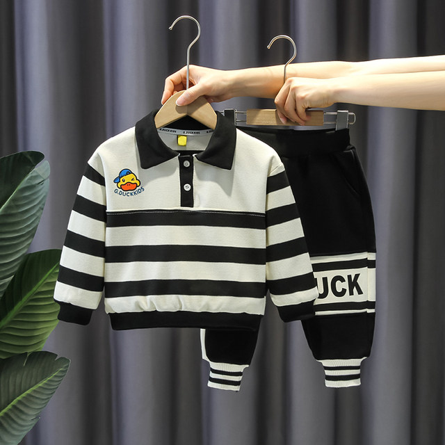 Children's clothing boys little yellow duck suit baby new striped polo sweater tide clothes children's spring two-piece tide