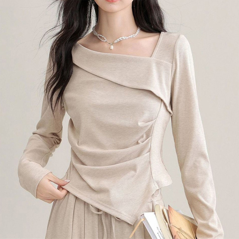Irregular Asymmetrical Neckline Long-Sleeve T-Shirt for Women, Autumn/Winter 2025 New Design, Waist-Cinching, Slimming, Unique Base Top