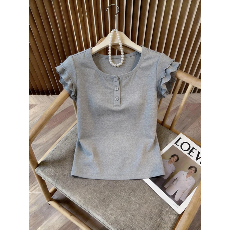 Stylish Design with Ruffled Edges, Solid Color Short-Sleeve T-Shirt for Women, Summer Slim-Fit Pure Cotton Flutter Sleeve Versatile Top for Commuting Stylish Design with Ruffled Edges, Solid Color Short-Sleeve T-Shirt for Women, Summer Slim-Fit Pure Cotton Flutter Sleeve Versatile Top for Commuting