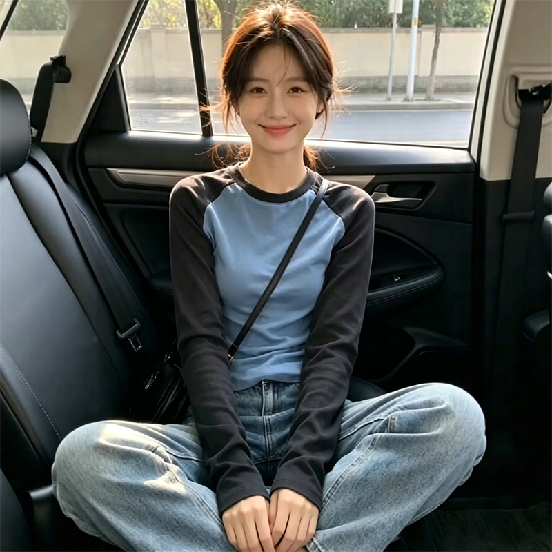 Pure Cotton Belly-Covering Base Shirt for Autumn, Slim-Fit Round Neck, Color-Blocked Raglan Sleeves, Long-Sleeve T-Shirt for Women, Simple Design Top
