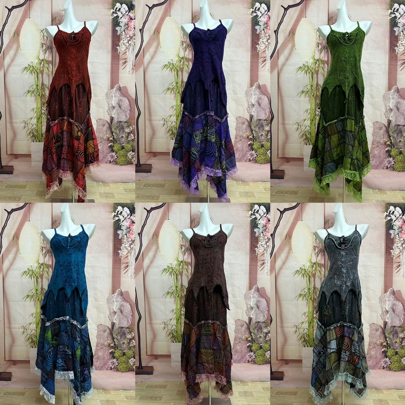 Nepalese Hand-Embroidered Fairy Suspender Patchwork Dress (Plant-Dyed, Each Batch May Have Color Variations)