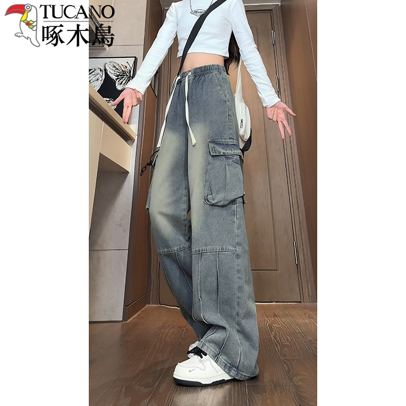 Woodpecker Brand Women's Jeans, American Style Multi-Pocket Cargo Pants, Straight Loose Wide-Leg Pants, Elastic Waist Casual Long Pants