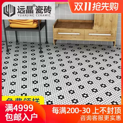 Powder room solid color wall brick black and white kitchen floor tile balcony Nordic mosaic hexagonal mosaic tile wall