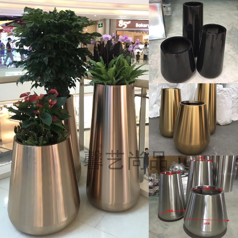 Stainless steel flower pot Metal paint vase ornament Modern decorative green plant floor-standing drum-shaped flower device