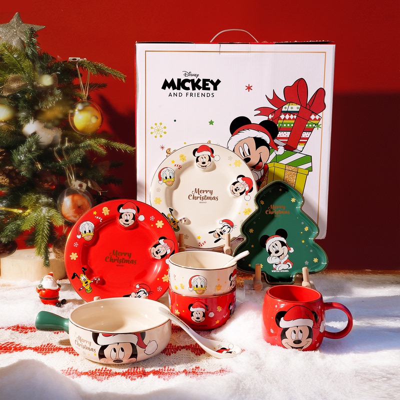 Disney Mickey Christmas Ceramic Tableware Rice Bowl Plate Spoon Set Home Cute Soup Bowl Birthday Gift