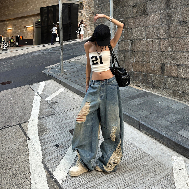 Korean Sweet Warden Edge Blue Ripped Jeans for Women, Washed and Distressed, Loose Wide-Leg Pants, Low-Waisted Long Pants