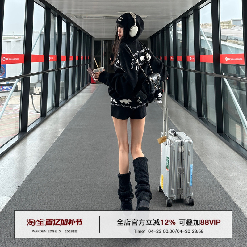 Hanhaotian Warden Edge Black Fair Isle Christmas Sweater Women's Winter Slim Knit Cardigan Hooded Jacket