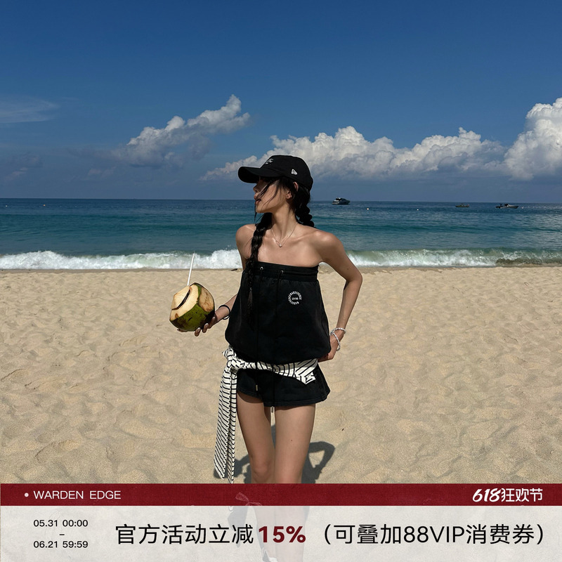 Hanhaotian Warden Edge Nautical Log Black Strapless One-Piece Shorts Women's Summer Slim Low-Waist Casual Pants
