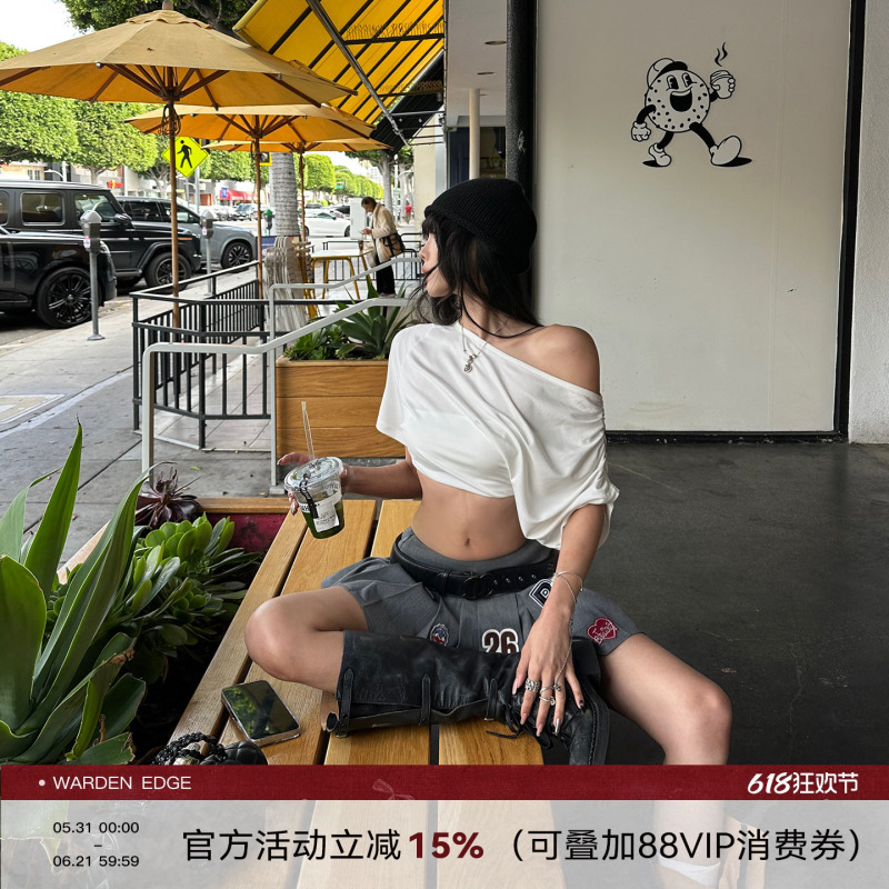Han Hao Tian Warden Edge Disorderly Growth White Off-Shoulder Ruched T-Shirt for Women, Slim-Fit Short-Sleeve Top Han Hao Tian Warden Edge Disorderly Growth White Off-Shoulder Ruched T-Shirt for Women, Slim-Fit Short-Sleeve Top